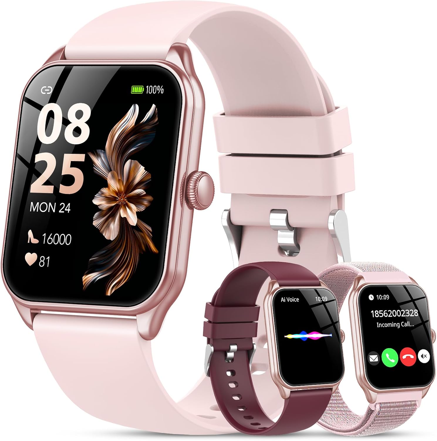 IKT Smartwatch Damen Herren, 1.83" HD Smart Watch, 120+ Modi, Fitness Tracker mit Bluetooth Telefonie, IP68 Schrittzähler Uhr mit bis zu 30 Tage Standby für iOS und Android, 3 Armbänder, Rosa