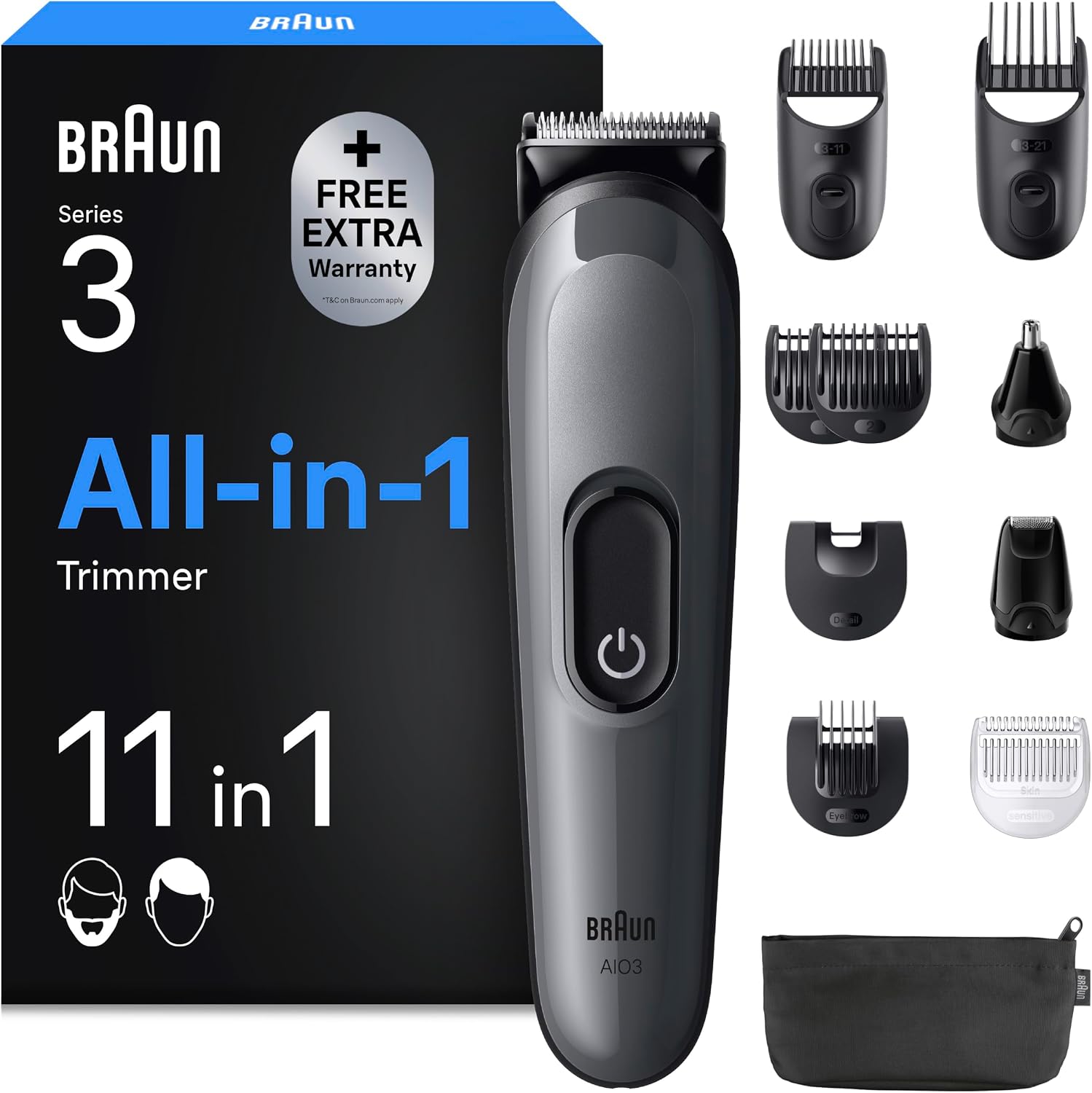 Braun Multigroom All-in-One Series 3, 11-in-1 Trimmer-Set 3, AIO3565, Grau Barttrimmer, Nasenhaartrimmer, Haarschneidemaschine für Gesicht Und Kopf, 14 Längen, 50 Min. Akku, Wasserdicht