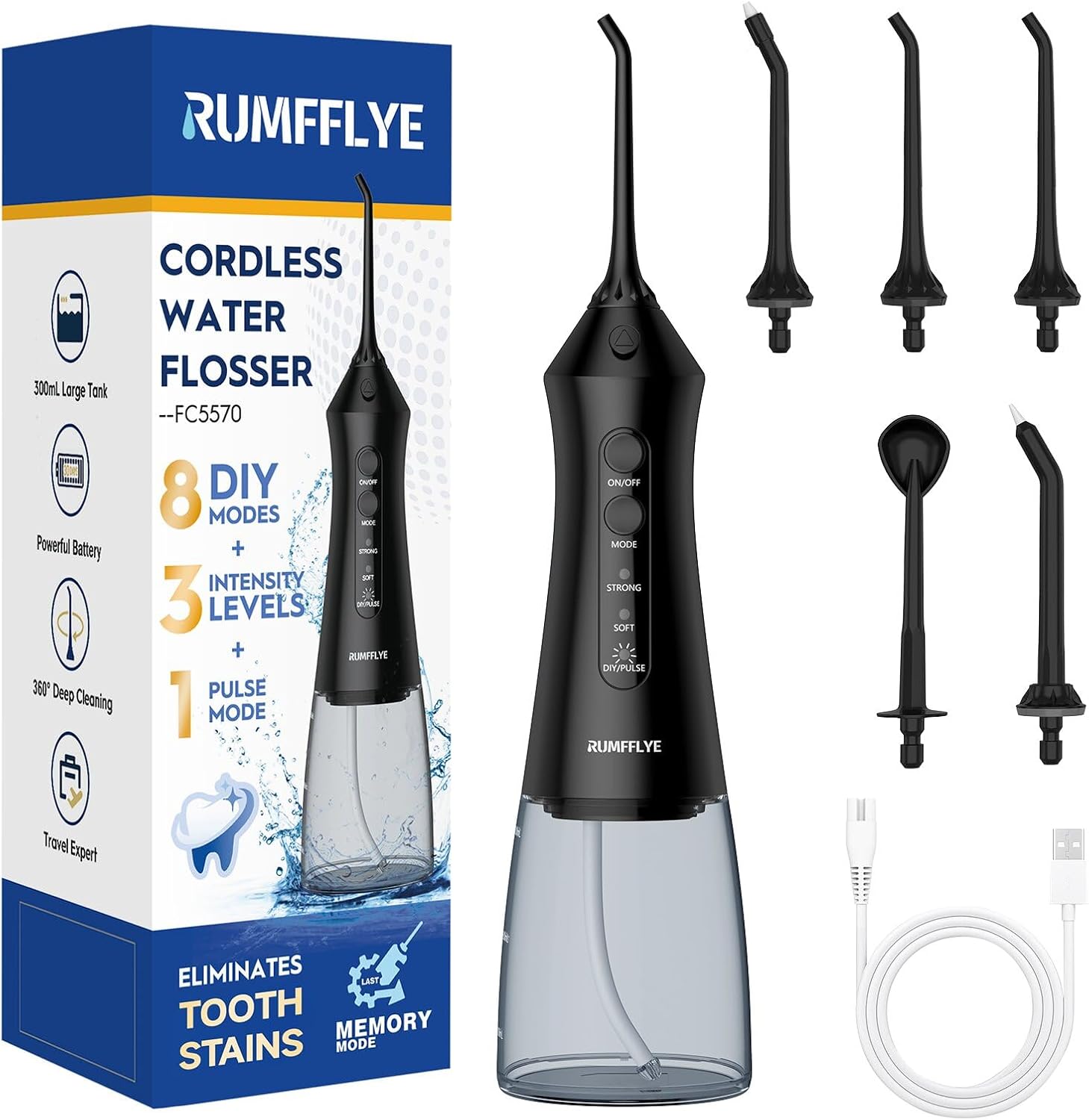 RUMFFLYE Munddusche Kabellos Water Flosser Mundspülung Elektrisch 12 Stufen | Zahnzwischenraumreinig...