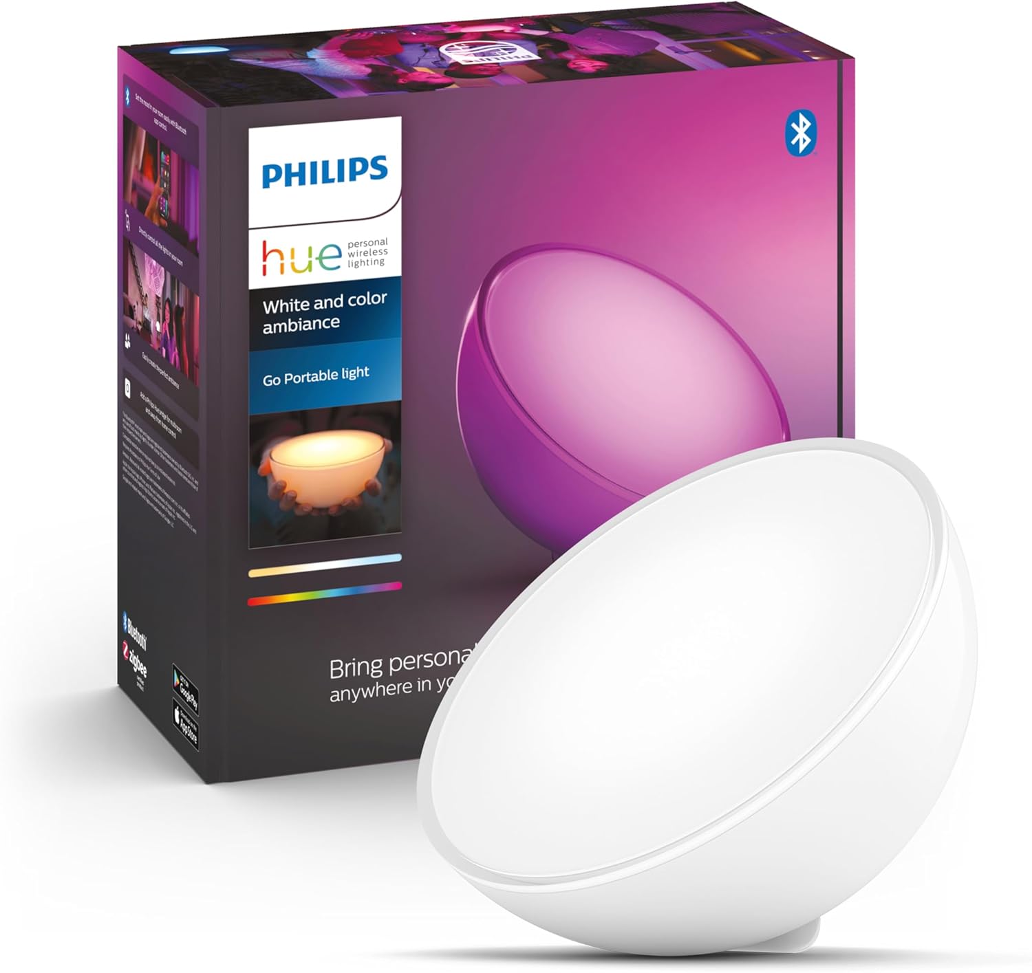 Philips Hue Go Accent Tragbare LED Tischleuchte, Weiß White and Colour Ambiance Licht, Smarte LED, 6W, 530lm, Wiederaufladbarer Akku, Bluetooth-App-Steuerung, Smart Home
