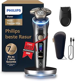 Philips Rasierer i9000 Prestige Ultra, elektrischer Nass- und Trockenrasierer für Herren, dunkelgrau, Druck- und Bewegungssensor, Trimmeraufsatz, Ladestation und Reiseetui (Modell XP9402/11)
