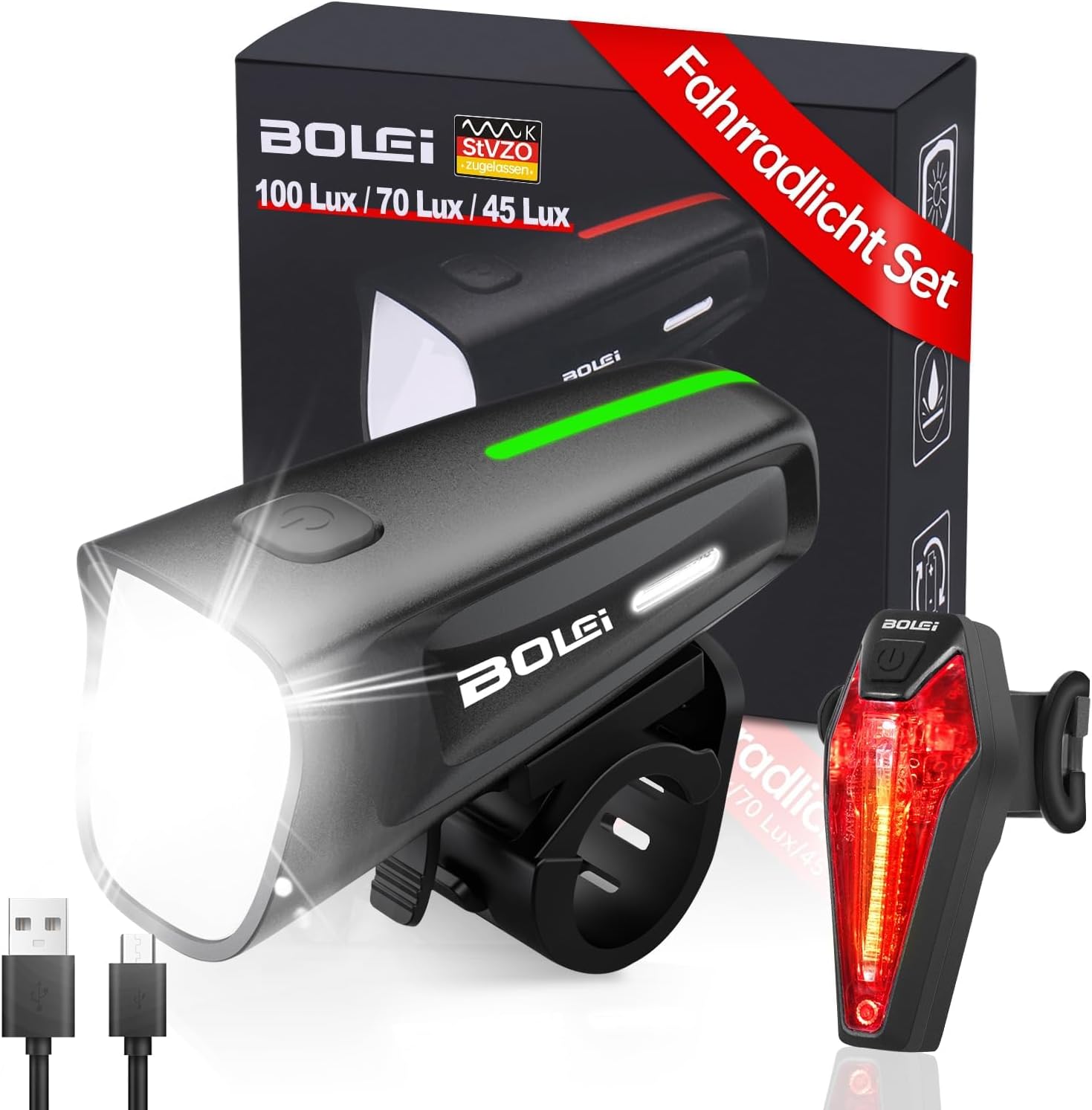 BOLEi Fahrradlicht Set 100 LUX,StVZO Zugelassen, USB,IPX5 Wasserdicht Batterieanzeige, blendfreies Design, 100/70/45 LUX, für Radfahren, Wandern, Camping, Outdoor, Fahrrad Front und Rücklicht Set