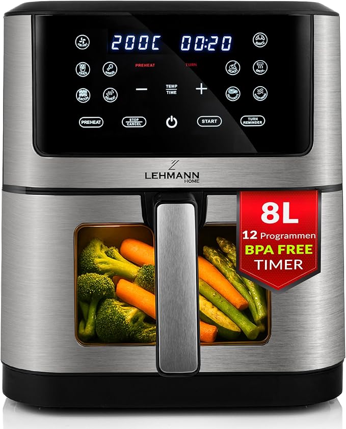 LEHMANN Heißluftfritteuse XXL 8L, Flexible Dual-Zone-Kammer, Sichtfenster, 12 Programme, Temperaturregelung 76-200°C, Digitales Display, Timer, Antihaftbeschichtung, Familien Air Fryer ohne Öl