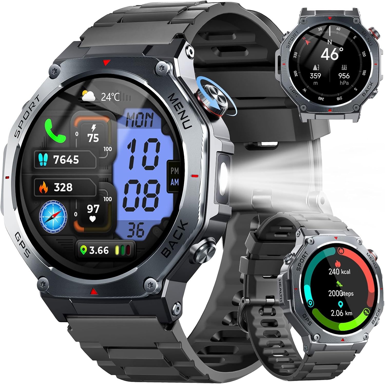 Militär Smartwatch Herren GPS, 1.43" AMOLED Fitnessuhr mit Bluetooth Anruf, 5ATM Sportuhr Fitness Tracker mit Herzfrequenz/Schlafmonitor/Schrittzähler, 160+ Sportmodi Smart Watch für Android/iOS