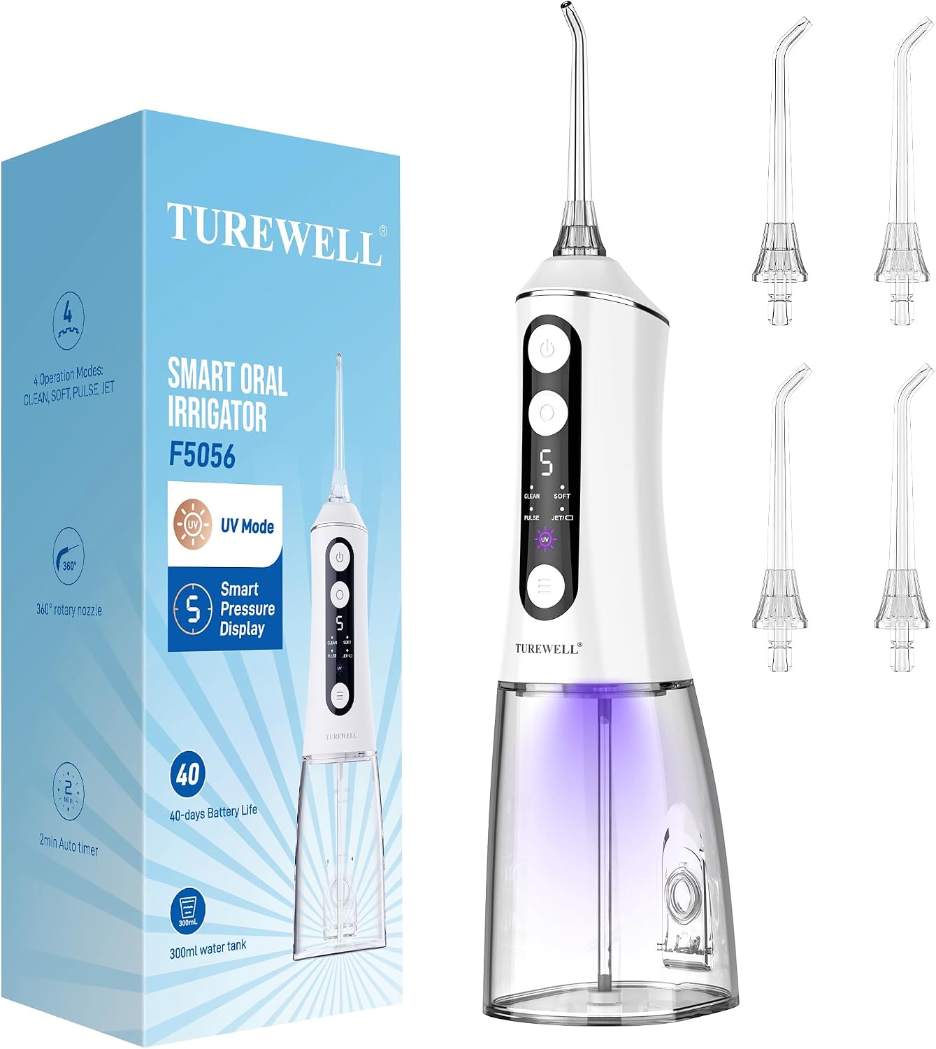 TUREWELL Kabellose Munddusche mit UV-Modus, Tragbare Water Flosser | 2-in-1 UVC-Wassertank, 4 Modi, ...