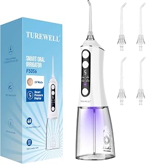 TUREWELL Kabellose Munddusche mit UV-Modus, Tragbare Water Flosser | 2-in-1 UVC-Wassertank, 4 Modi, 40 Tage Akkulebensdauer für Kieferorthopädie & Empfindliches Zahnfleisch