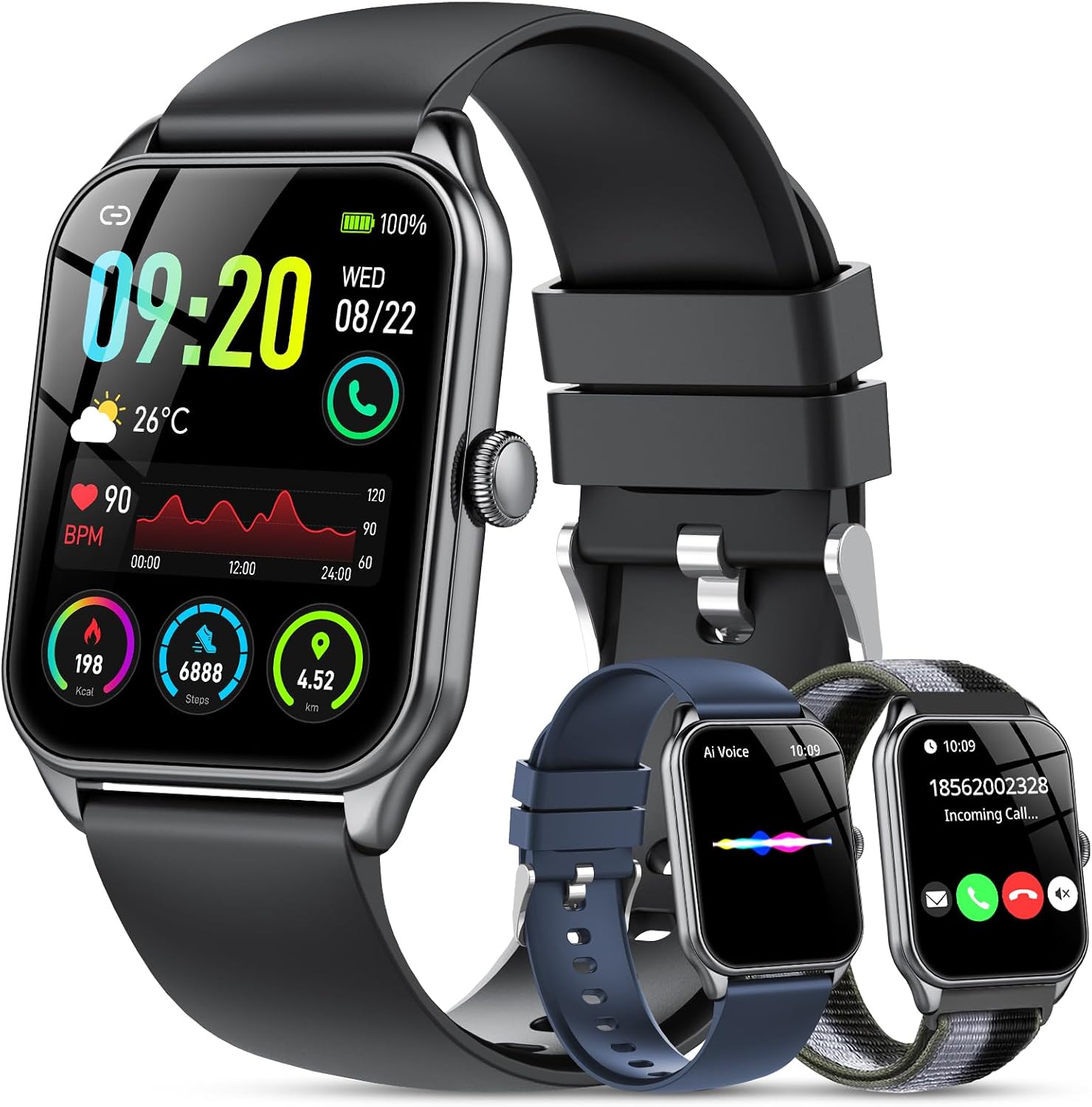 IKT Smartwatch Damen Herren, 1.83" HD Smart Watch, 120+ Modi, Fitness Tracker mit Bluetooth Telefonie, IP68 Schrittzähler Uhr mit bis zu 30 Tage Standby für iOS und Android, 3 Armbänder, Schwarz