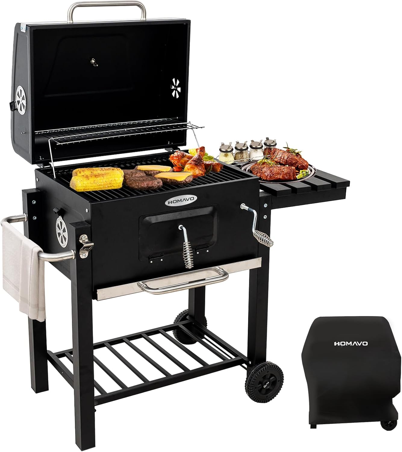 HOMAVO Holzkohlegrill, Klappbarer Grill mit Deckel, Grillfläche 56×42,5 cm, Höhenverstellbarer Kohlekorb, Klappbarer Seitentisch und Schutzhülle inklusive