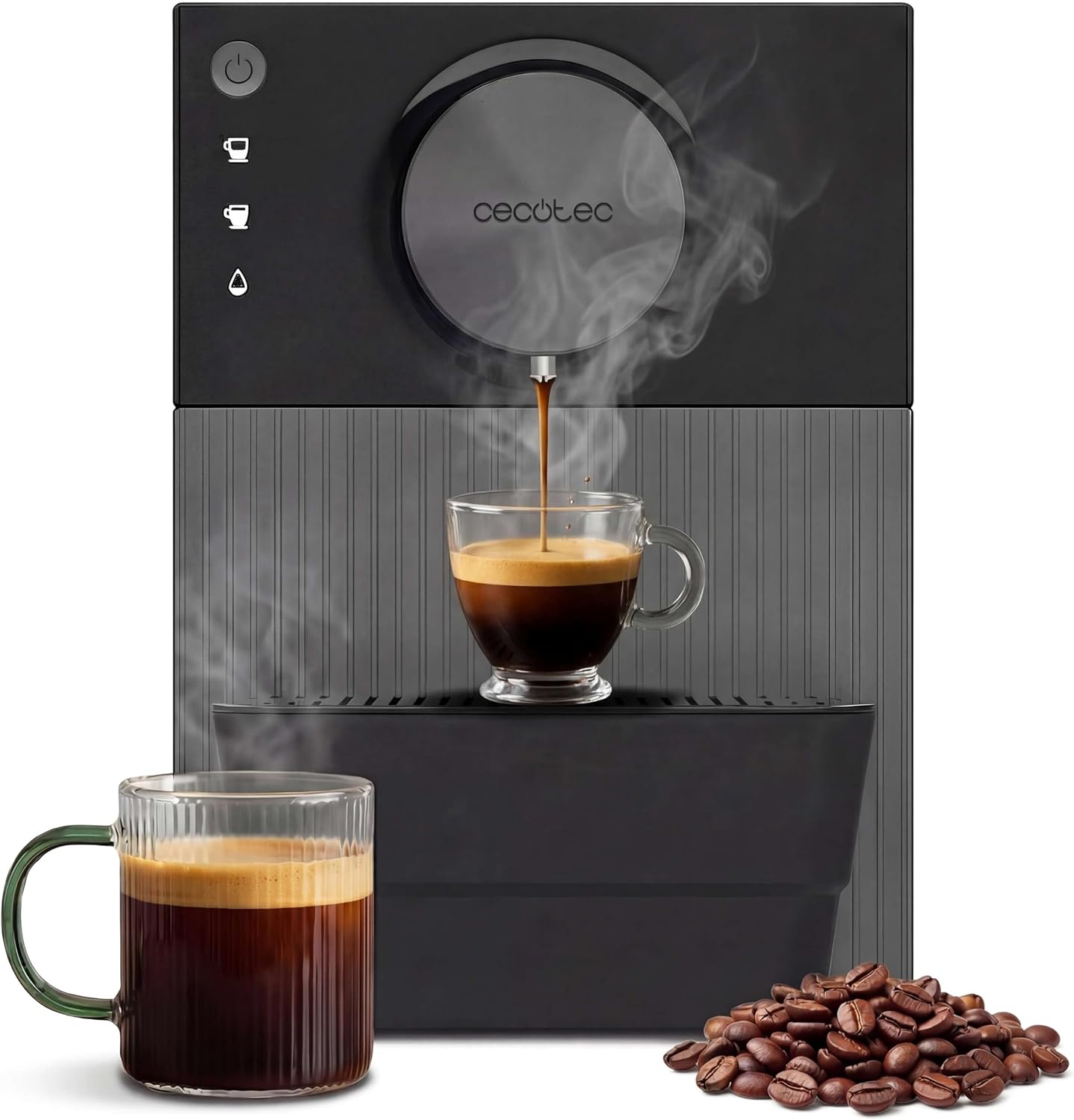 Cecotec kompakter Kaffeevollautomat Cremmaet Cube, 19 Bar, 1350 W Edelstahl-Kegelmahlwerk, 5 Mahlstufen, Vorbrühfunktion, Touch-Bedienfeld, Heißwasserbezug, 1,1-l-Wassertank, Entkalkungsmodus
