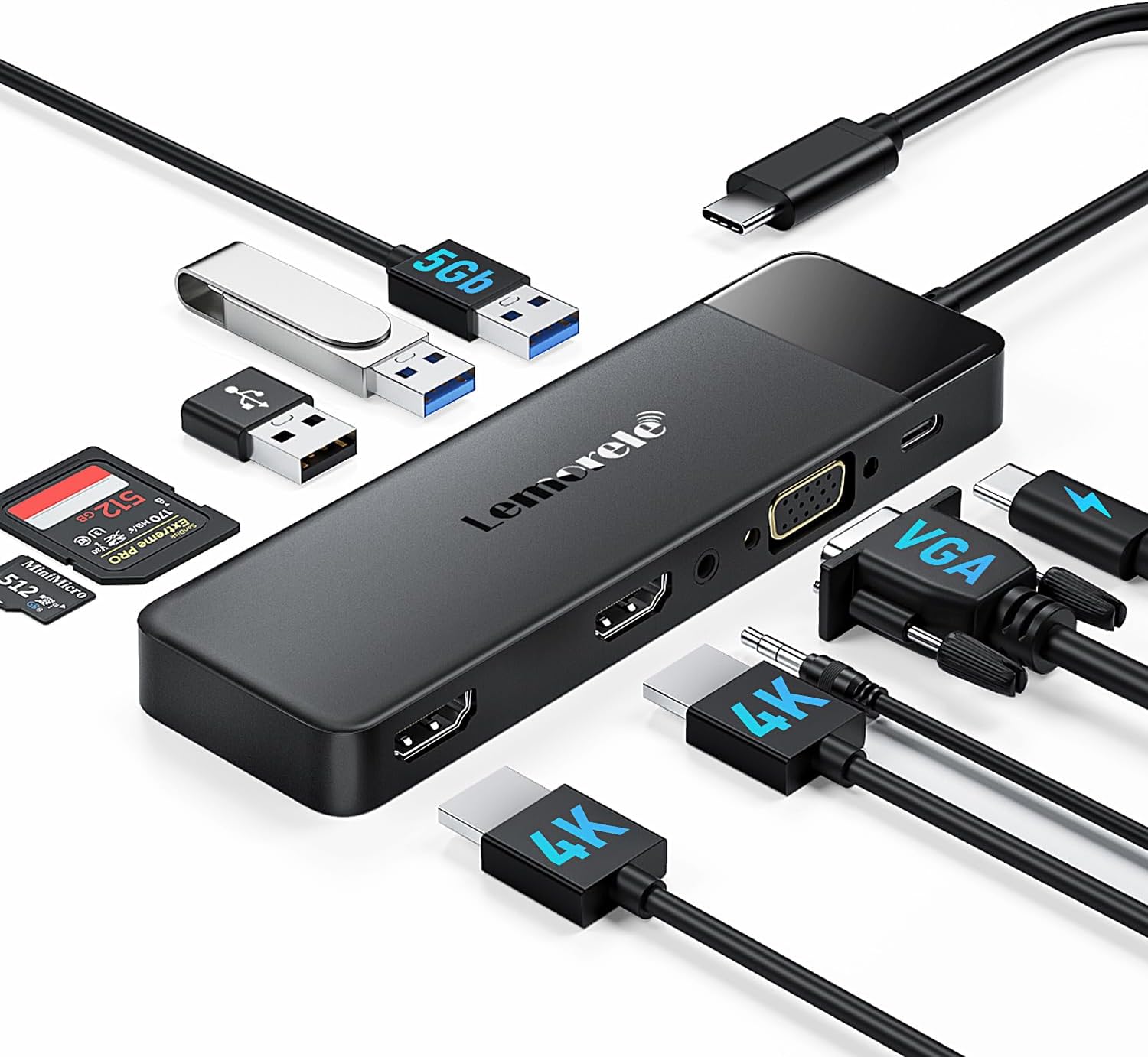 Lemorele USB-C Docking Station 10-in-1 mit 3 Displays, Dual HDMI & VGA | USB 5Gbps, SD/TF, 3,5-mm-Audio, 100W PD für USB-C-Laptops mit DP Alt Mode, Büro, Homeoffice und mobiles Arbeiten