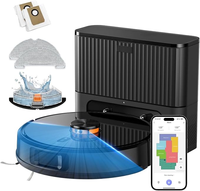 VONKO S6 Pro Saugroboter mit Wischfunktion und Absaugstation, 8000Pa Saugkraft,LiDAR 2.0 Laser Navigation,180 Min.Laufzeit,Teppicherkennung,App/Alexa,Ideal für Tierhaare,Hartböden,Kohleschwarz