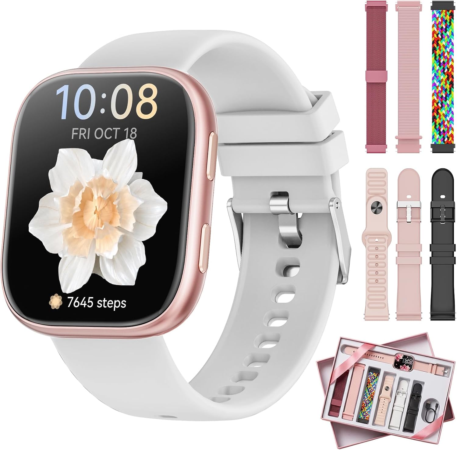 Hwagol 7 Armbänder & Geschenkbox Smartwatch Damen 1.83" HD Uhr Damen Bluetooth-Anruf, Fitness Tracker, Pulsmesser, Schlafmonitor, Schrittzähler, IP68 Wasserdicht, 110+ Sportmodi für iOS Android