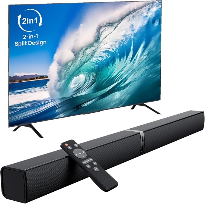 Soundbar für TV Geräte with integriertem Subwoofer, 2-in-1 TV Lautsprecher mit 3 EQ-Modi&Auto Volume Boost, Bluetooth 5.3/ARC/Opt/AUX, Surround Sound System für Fernseher/PC, Schwarz