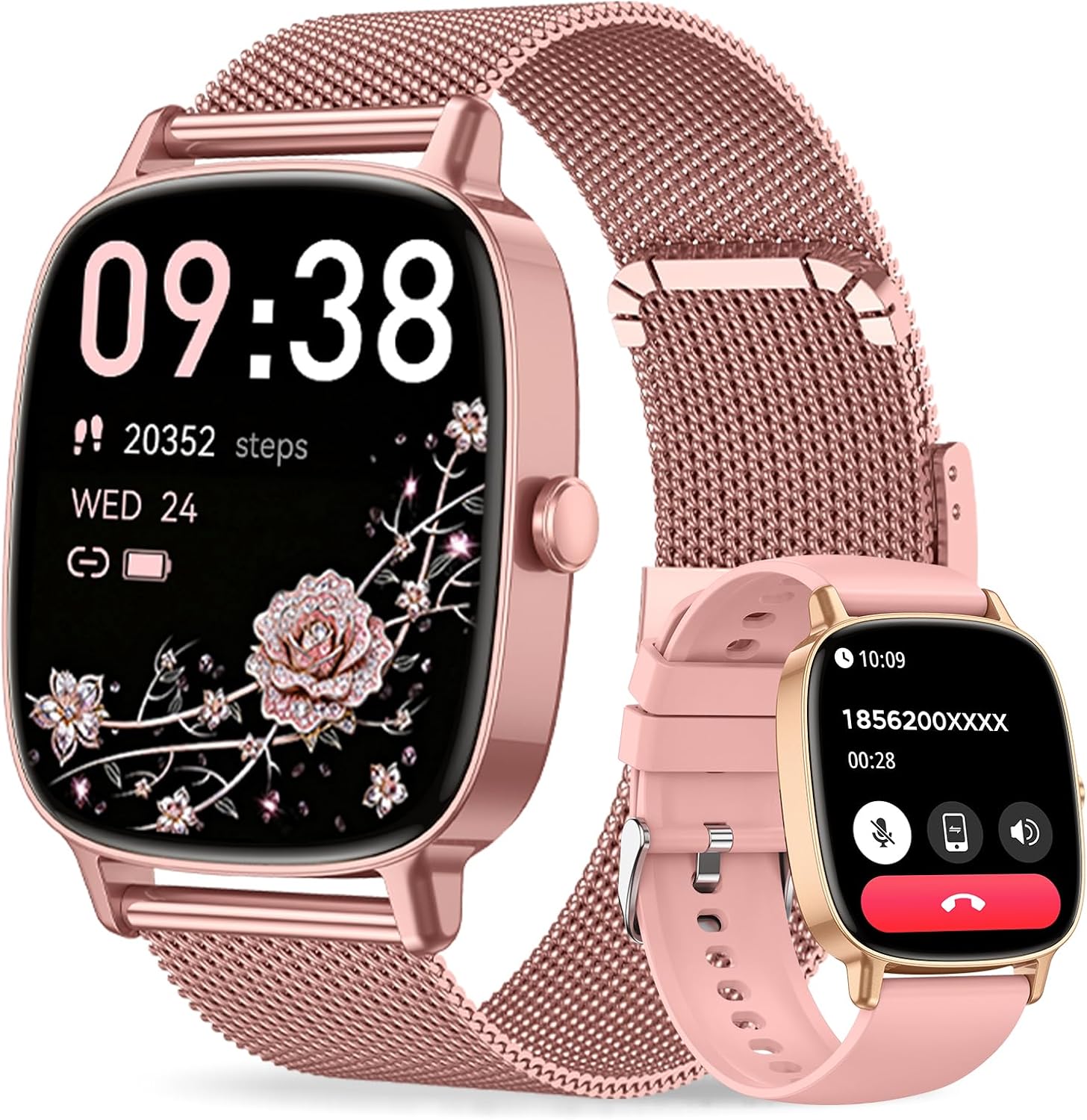 coioc Smartwatch Damen mit Telefonfunktion(2 Armbändern), 1.85 Zoll HD Sportuhr, 120+ Sportmodi, IP68 Wasserdicht Fitness Tracker mit Herzfrequenz, Schlafmonitor für iOS Android-Rosenrosa