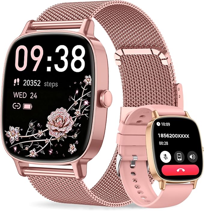 coioc Smartwatch Damen mit Telefonfunktion(2 Armbändern), 1.85 Zoll HD Sportuhr, 120+ Sportmodi, IP68 Wasserdicht Fitness Tracker mit Herzfrequenz, Schlafmonitor für iOS Android-Rosenrosa