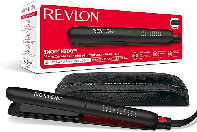 Revlon SmoothStay Glätteisen mit Kokosnussöl-Infusion + Reisebeutel 25 mm, schwimmende Platten mit abgerundeten Kanten, anpassbare Temperatur bis zu 235 °C, RVST2211P