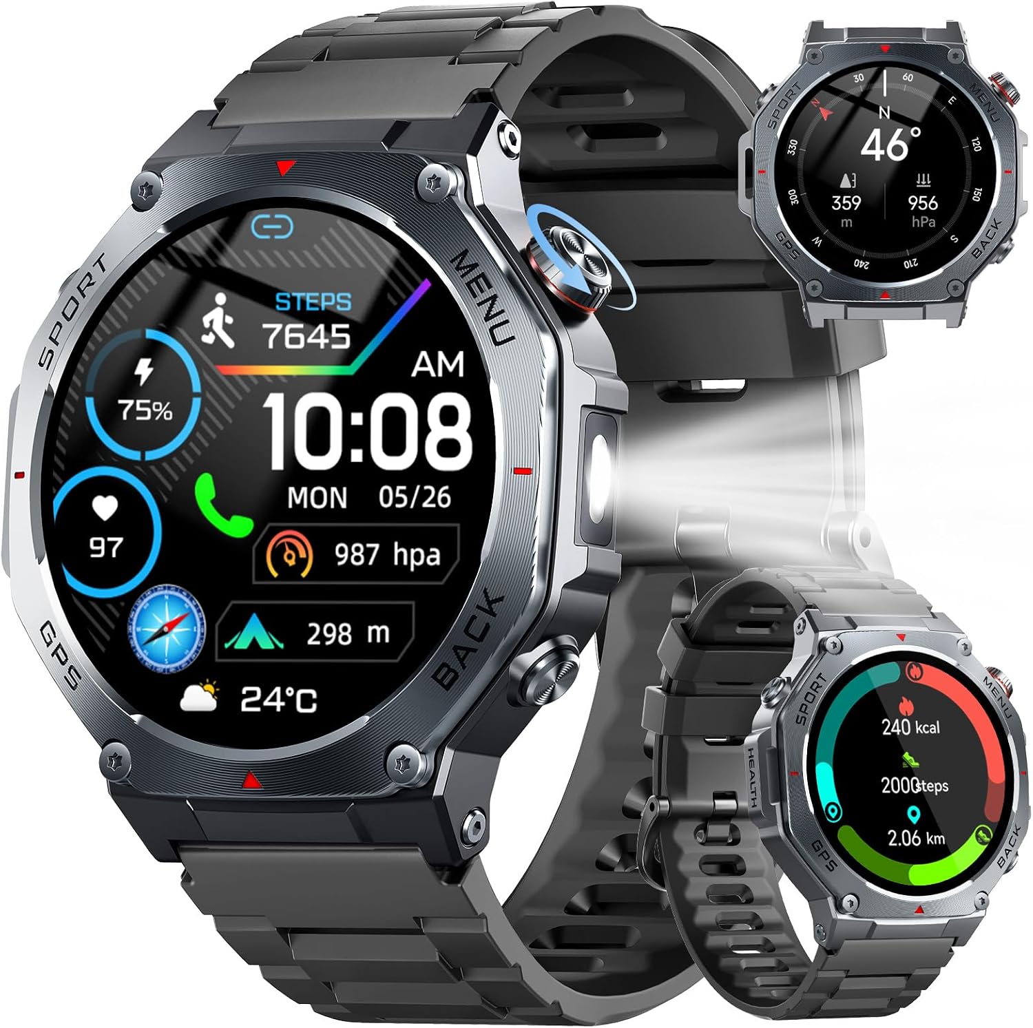 Smartwatch Herren Militär GPS, 1,43" AMOLED Fitnessuhr Sportuhr 24/7 Herzfrequenz/Schlafmonitor/Schrittzähler, 170+ Sportmodi, Kompass, 5ATM Wasserdicht, Fitness Tracker Outdoor für iOS Android