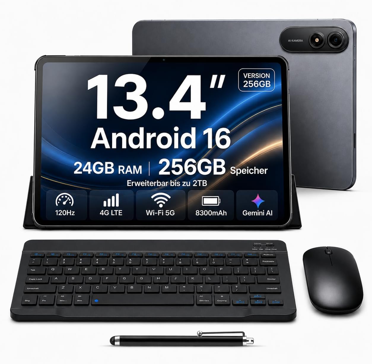 Tablet 13,4 Zoll mit Tastatur, 4G LTE, Android 16, 256GB Speicher 24GB RAM / 2TB TF, T7280 Octa-Core, 120 Hz FHD+, Ultradünn Tablet-PC, 8300 mAh,USB-C PD 18 W, PC Mode 3.0, Widevine L1/Face ID, Grau