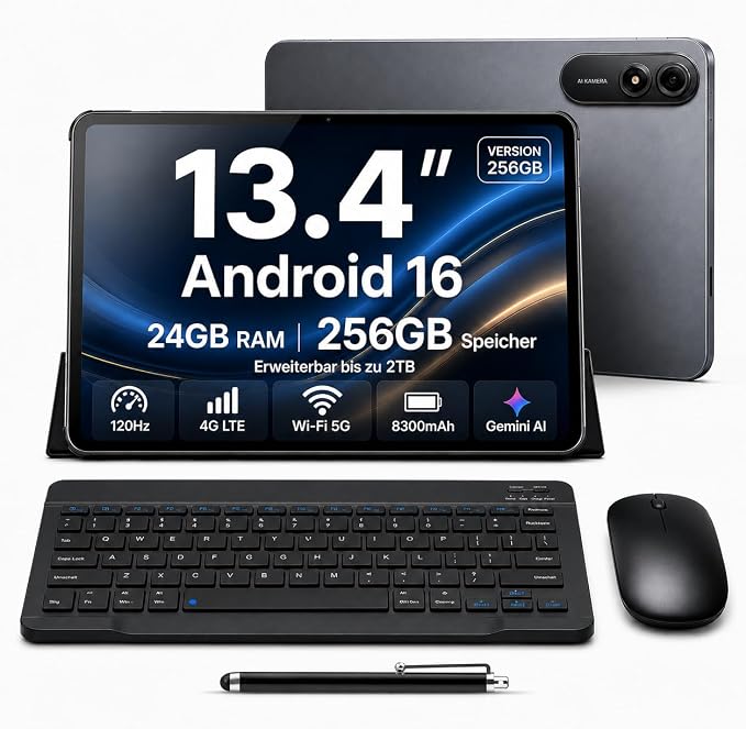 Tablet 13,4 Zoll mit Tastatur, 4G LTE, Android 16, 256GB Speicher 24GB RAM / 2TB TF, T7280 Octa-Core, 120 Hz FHD+, Ultradünn Tablet-PC, 8300 mAh,USB-C PD 18 W, PC Mode 3.0, Widevine L1/Face ID, Grau