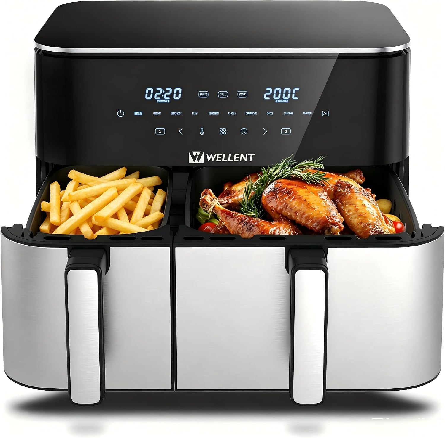 WELLENT 11L Airfryer 2 Kammern (4+7L), 10-in-1 XXL Heißluftfritteuse 2600W, Doppelkammer, 10 voreingestellte Programme mit Touchscreen, Dual & Sync-funktion, Spülmaschinenfest