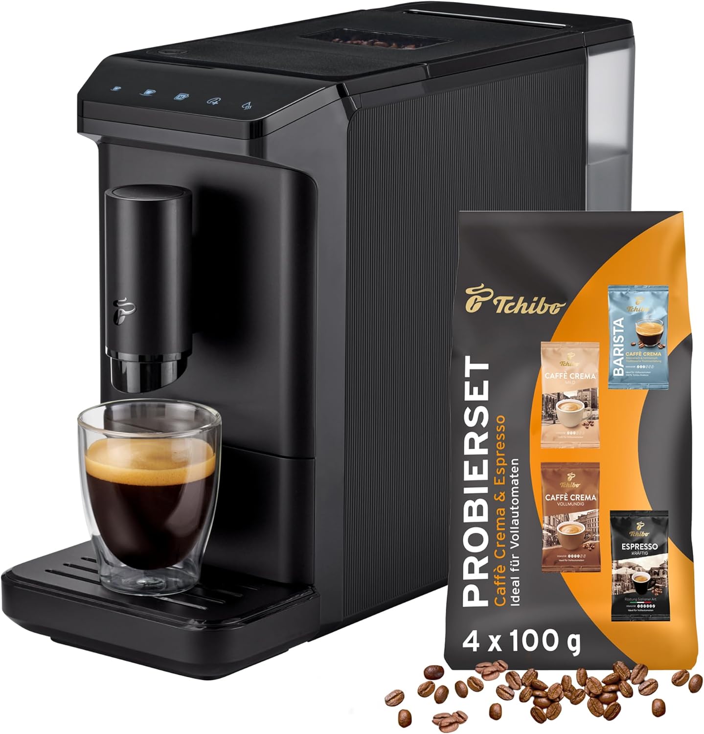 Tchibo Kaffeevollautomat Esperto mini für Caffè Crema und Espresso, nur 16cm breit, klein und kompakt, geeignet für jede Küche, Camping, Studentenapartment, Schwarz - INKLUSIVE Kaffeeprobierset GRATIS