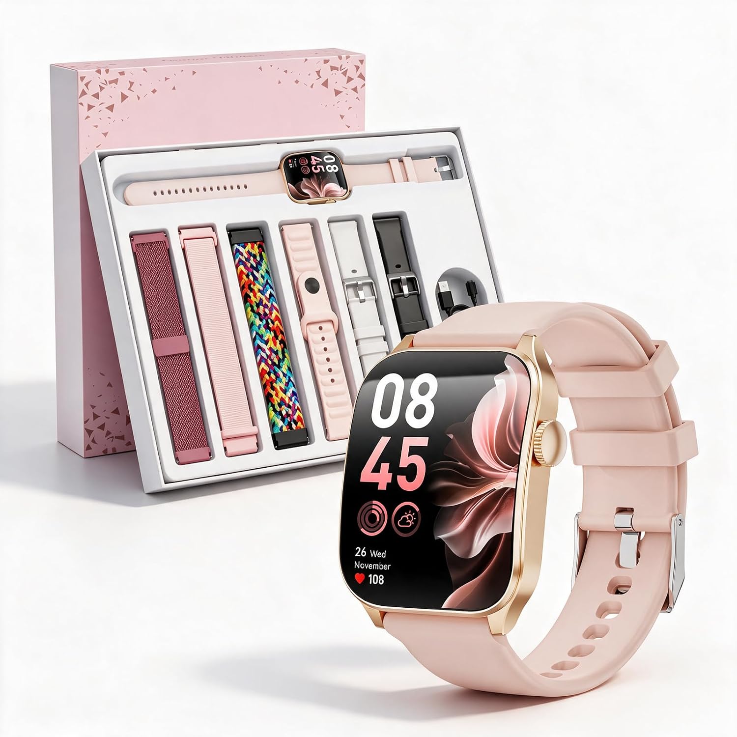 Smartwatch Damen, 1,91" HD-Kurvdisplay mit 7 Armbänder/Geschenkbox 100+Sportmodi Fitnessuhr mit Bluetooth Anrufen Herzfrequenz/Schlafmonitor/IP67 Wasserdicht Sportuhr für Android iOS