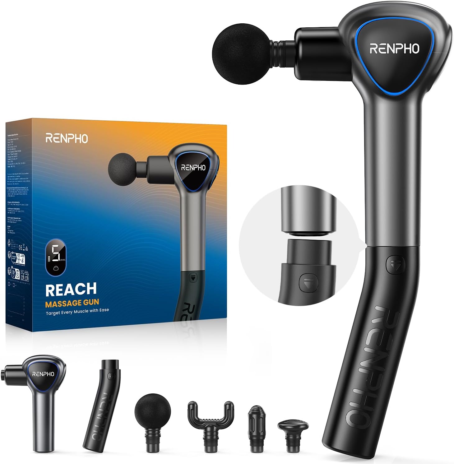 RENPHO Reach Massagepistole mit Verlängerungsgriff, für den Rücken, Schwarz LED-Touchdisplay, 5 Geschwindigkeiten, 4 Aufsätzen, 2800 U/min Massagegerät für schwer erreichbare Körperstellen