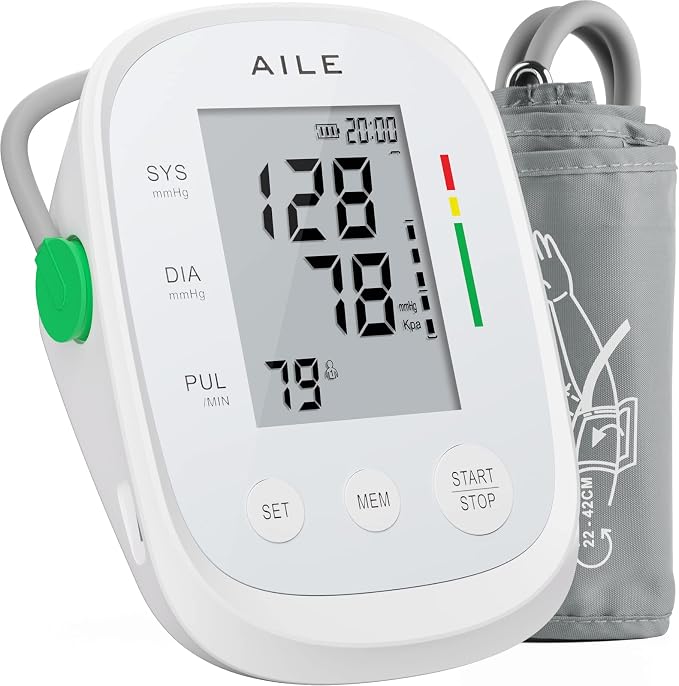 AILE Oberarm-Blutdruckmessgerät, große Manschette 22-42 cm,2x99 Speicher Große Manschette 22-42 cm für alle Armgrößen. Vollautomatische Messung in 30 Sek.USB oder Batterien.