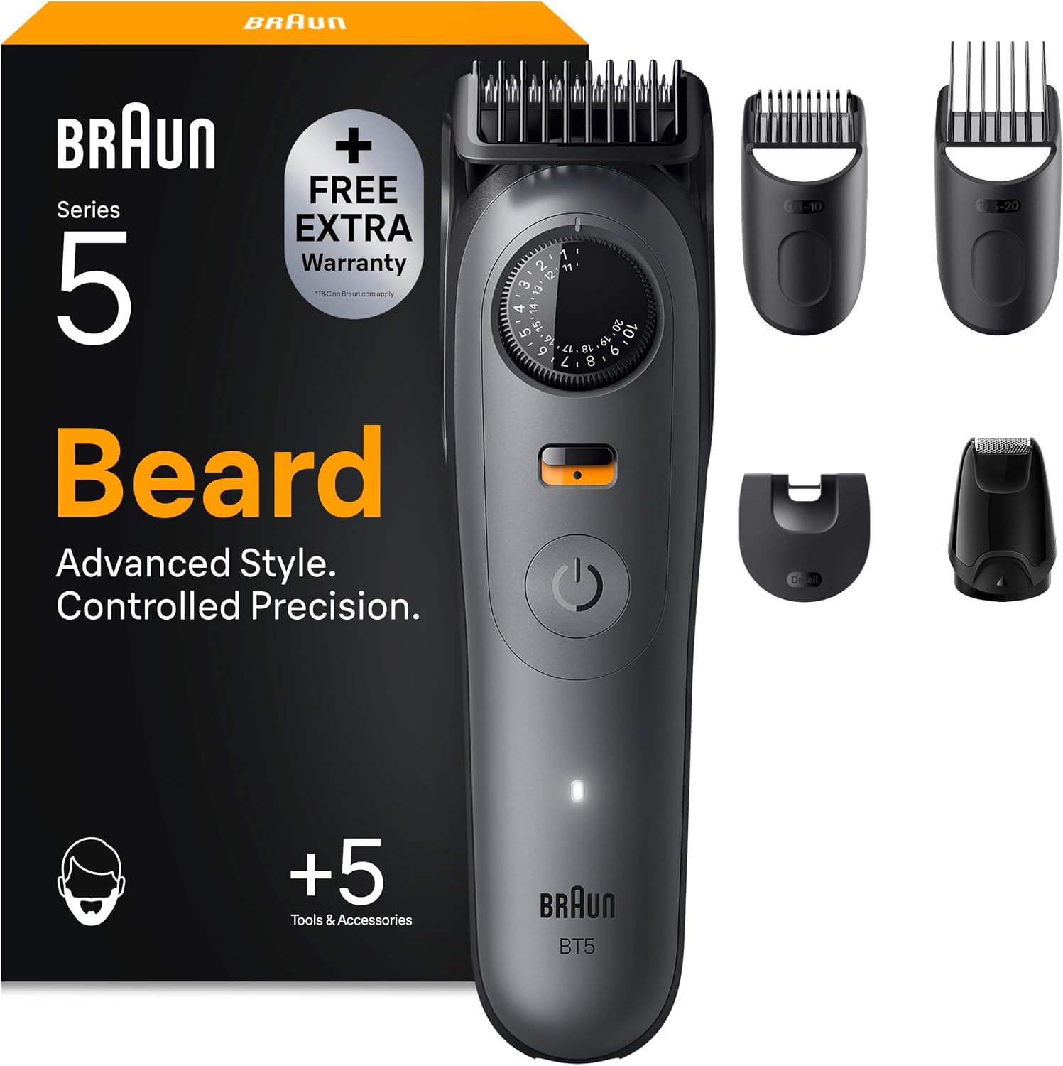 Braun Barttrimmer Series 5, Kabelloser Bartschneider Herren, BT5525, Grau Bart Rasierer mit 40 Längen, Trimmer mit 120 Min. Akku, Wasserdicht, Inkl. 5 Zubehörteilen Und Ultrascharfe Klinge