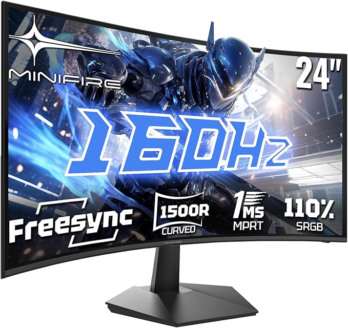 Minifire Gaming Curved Monitor 24 Zoll, 160Hz, Curved Gaming Monitor 1500R, 1Ms, sRGB110%, FHD 1080P Computer Screen, VESA Compatible, Eye Care Adaptive Sync HDMI＆DP Ports （MFG24C1L ）
