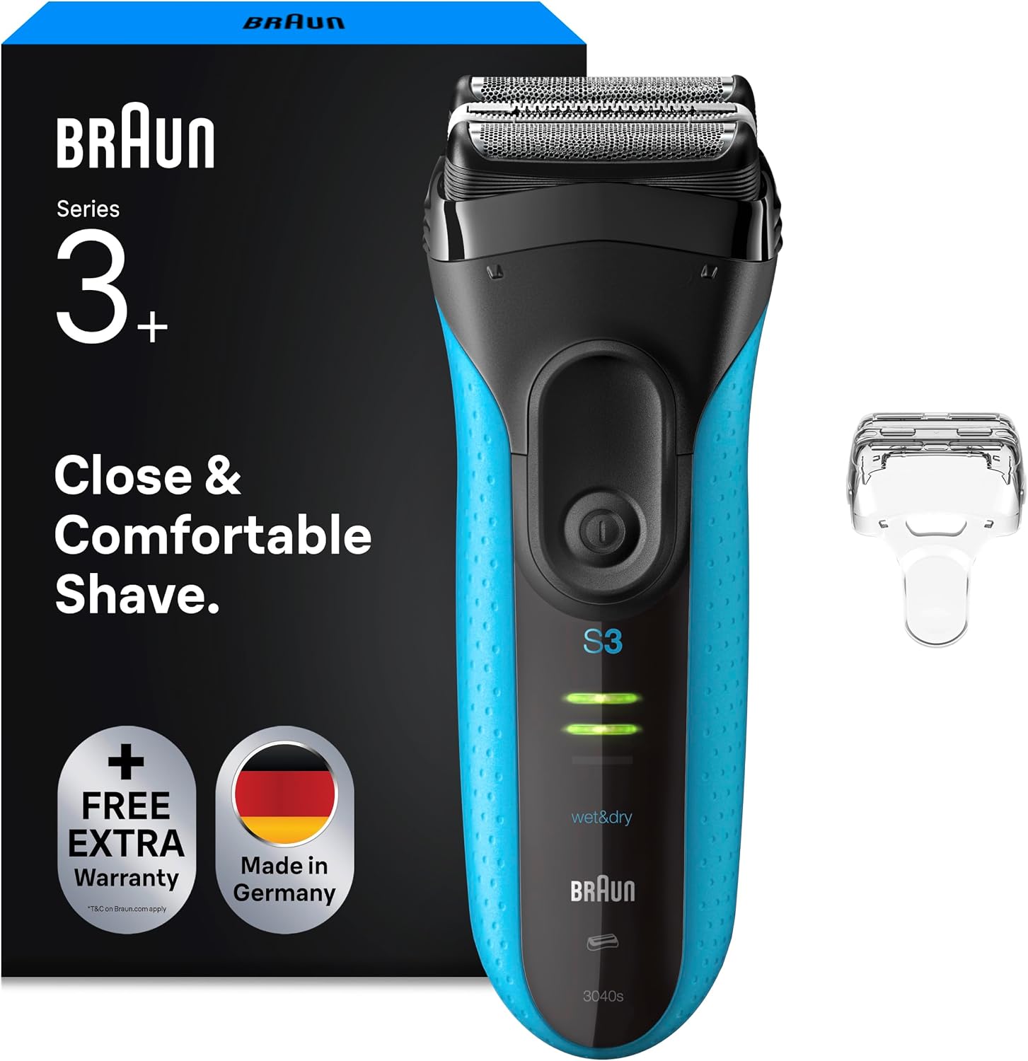 Braun Rasierer Herren Elektrisch Series 3+, Rasierapparat, 3040si, Blau Kabelloser Elektrorasierer, 3 Flexible Klingen, Barttrimmer mit 45 Min. Akku, Wasserdicht, Made in Germany, Inkl. Schutzkappe