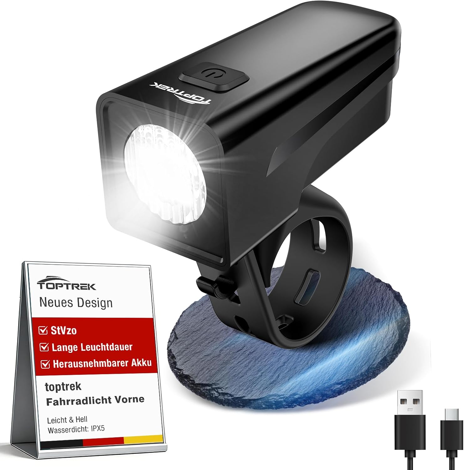 toptrek Led Fahrradlicht Vorne USB C Aufladbar mit 5-11h Akkulaufzeit Fahrradlampe Vorne Akku StVZO Zugelassen, IPX5 Wasserdicht Fahrrad Frontlicht, Vorderlicht mit Austauschbarem Akku Design