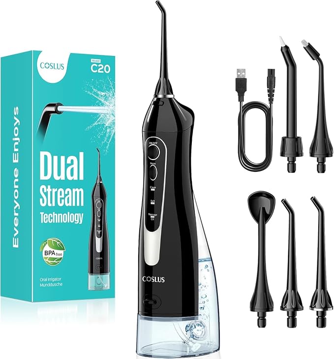 COSLUS Munddusche Kabellos Trragba Elektrische Tragbare Water Flosser Für Kieferorthopädie & Empfindliches Zahnfleisch, Kabellos, Ideal Für Reisen, Familie