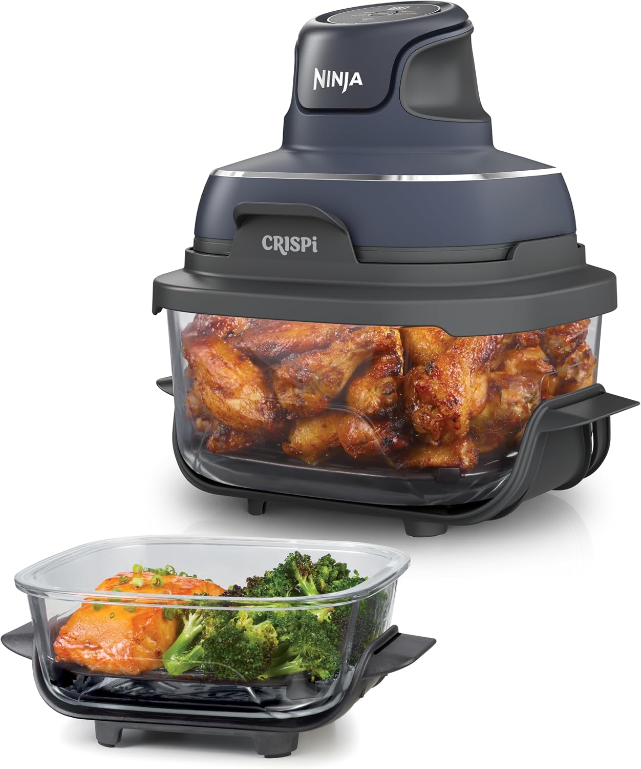 Ninja CRISPi tragbare Heißluftfritteuse, 3,8 l, 4-in-1, 1700 W, Grau Heißluftfrittieren, Braten, Warmhalten, Recrisp, kompakt, 6 Portionen, 2 herausnehmbare Glasbehälter & Deckel - FN101EUGY