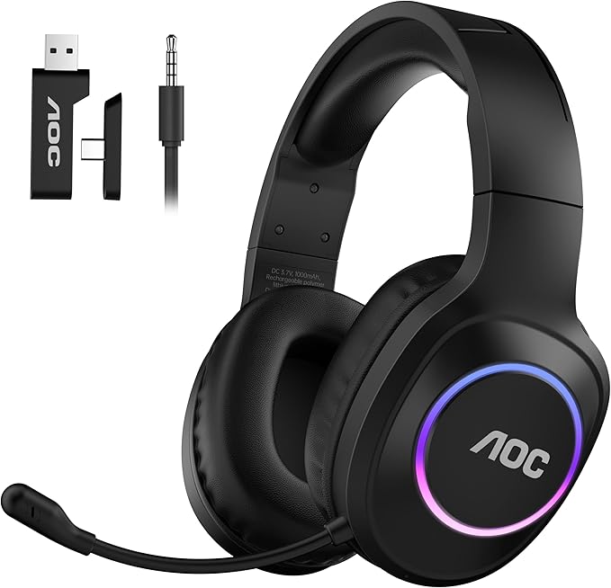 AOC Kabelloses Gaming-Headset mit Mikrofon für PC, PS5, PS4 und Switch | 2,4 GHz Wireless Headset mi...
