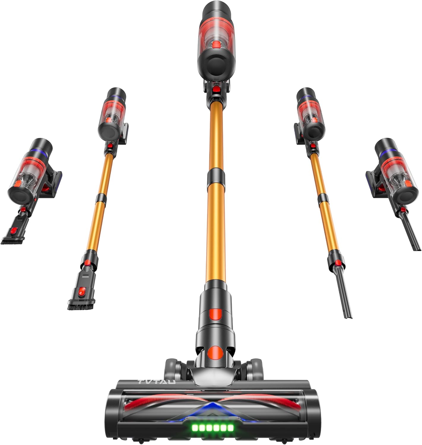 Akku Staubsauger Kabellos 650W 55KPa, 75Min Laufzeit, Selbststehend Akkustaubsauger, 8-in-1 Leichtes Handstaubsauger mit Grünes LED-Licht & Anti-Tangle-Bürste, für Tierhaare Teppiche Hartböden Auto