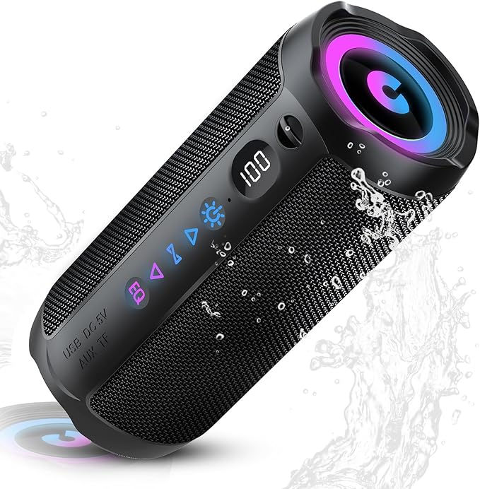 coioc Bluetooth Lautsprecher mit Licht, Bluetooth 5.4 Musikbox,25W Dual Lautsprecher, LED Anzeige & 25 Std Akku,Dualen Bass-Treibern, IPX7 wasserdicht,TWS Paarung, AUX,TF Karte,Geeignet Outdoor/Party