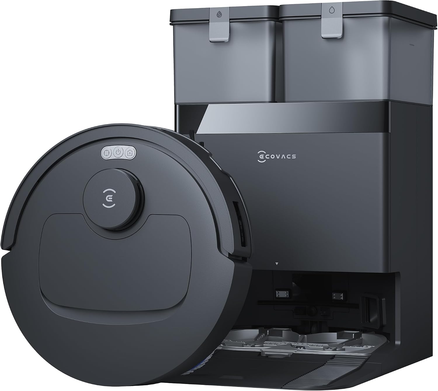 ECOVACS DEEBOT T30e Omni Saugroboter mit Wischfunktion, 25.000 Pa Saugkraft OZMO Turbo 2.0 Wischen, ZeroTangle 3.0 Anti-Verheddern, Triple-V-Hauptbürste, Omni-Station, 45 °C-Trocknung, Schwarz