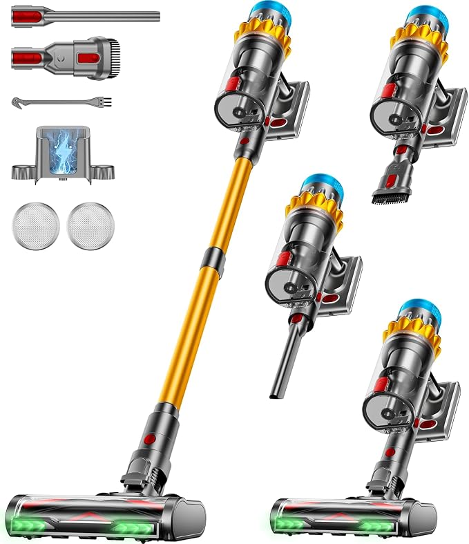 Akku Staubsauger Kabellos 55KPA/650W/70Min mit Leistungsstarker AkkuStaubsauger mit Anti-Tangle-Bürste,Selbststehend,OLED Display,Grünes Licht für Teppiche Tierhaare Hartböden
