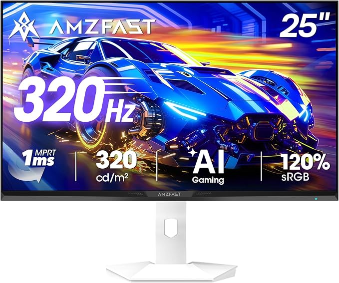 Amzfast Gaming Monitor 25 Zoll, 320Hz, 1920x1080 FHD, 1ms MPRT, Fast IPS, Adaptive Sync, HDR, 120% sRGB, 320cd/㎡, Schlankes Gehäuse, TÜV Blaulichtfilter, HDMI 2.0&DP 1.4, VESA100x100mm, AMZG25F6F