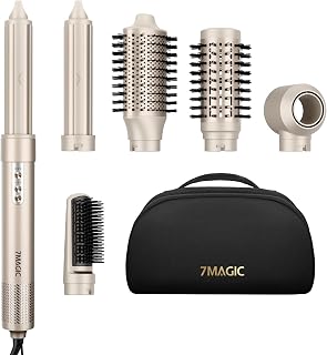 7MAGIC 6 in 1 Airstyler, Ionen Föhn,Auto-Wrap Lockenstab,Ohne Extreme Hitze | Warmluftbürste, Coanda-Effekt, Ionen-Technologie, Schnelles Föhnen, Salon-Look, Volumen, Glätten, Locken, Champagner Gold