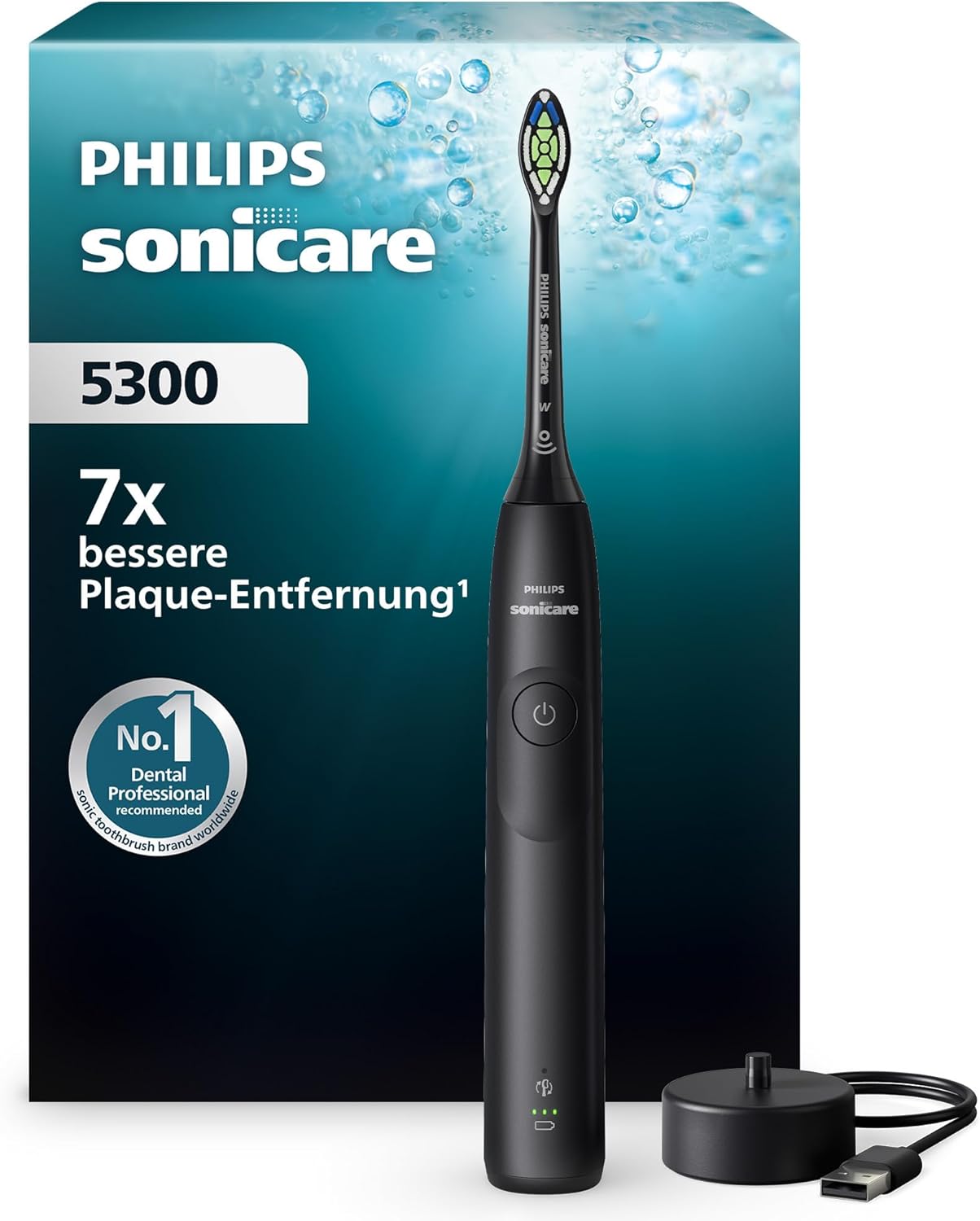 Philips Sonicare 5300 elektrische Zahnbürste, Schallzahnbürste mit 2 Intensitätsstufen, Andruckkontrolle, EasyStart, Smartimer und BrushPacer, Schwarz, Modell HX7101/01 [Neue Technologie] Erwachsene