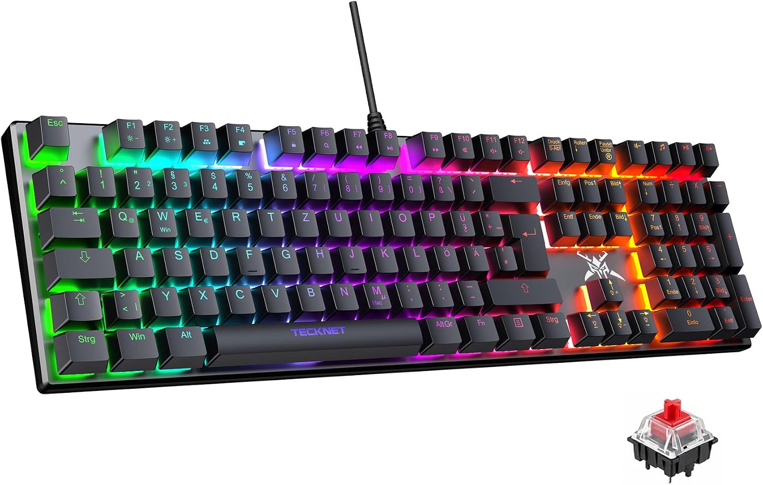 TECKNET Mechanische Gaming-Tastatur, QWERTZ, Red Switch, Anti-Ghosting 109 Tasten, Kabelgebunden, Tasten Programmierbar. 24 LED-Modi (Atmend, Welle, Regen etc.). Ideal für Gamer & Büro