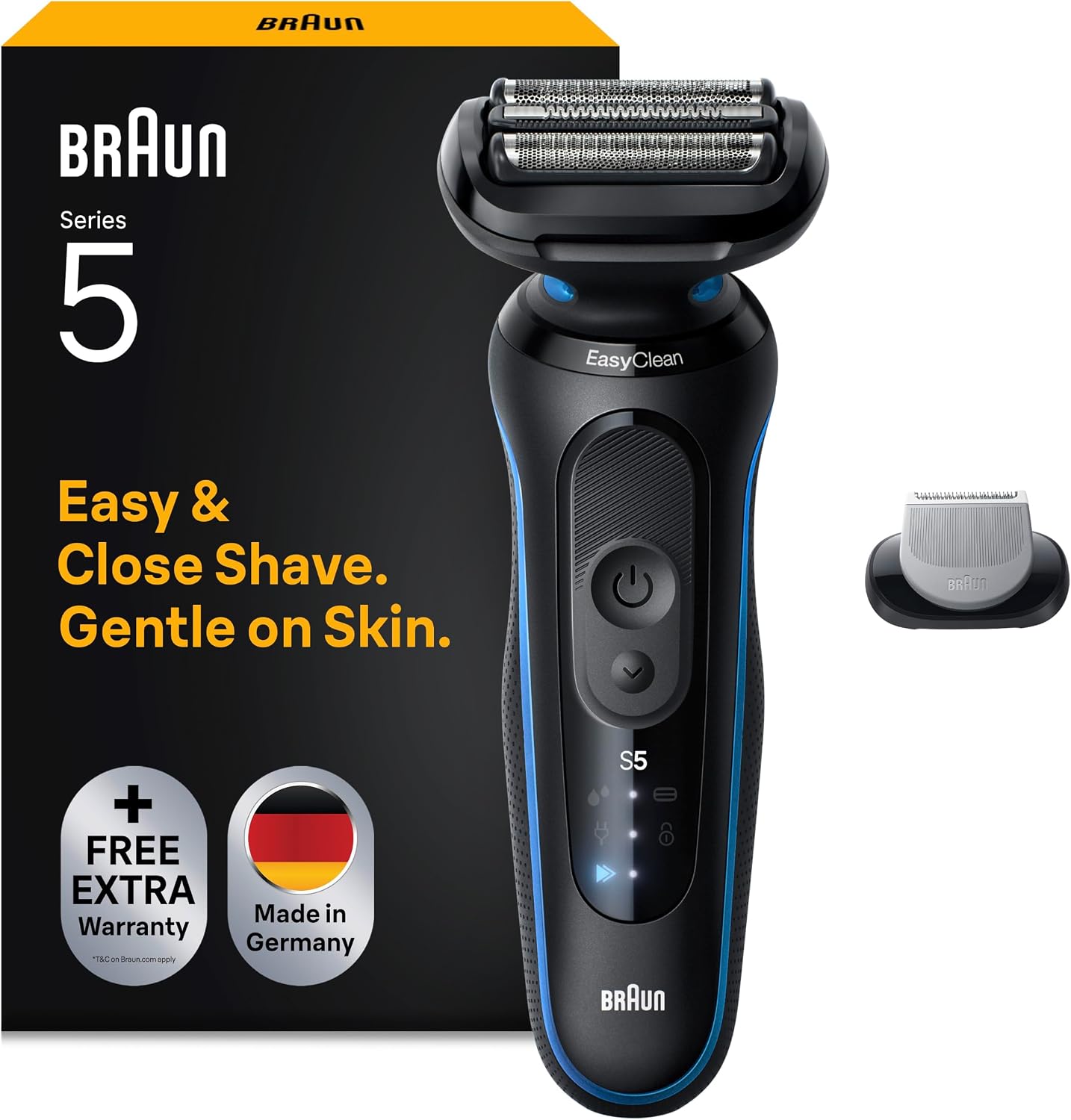 Braun Rasierer Herren Elektrisch Series 5, Rasierapparat, 52-B1600s, Blau Kabelloser Elektrorasierer, Barttrimmer mit 50 Min. Akku, Wasserdicht, Made in Germany, Inkl. 1 Bodygrooming-Aufsatz
