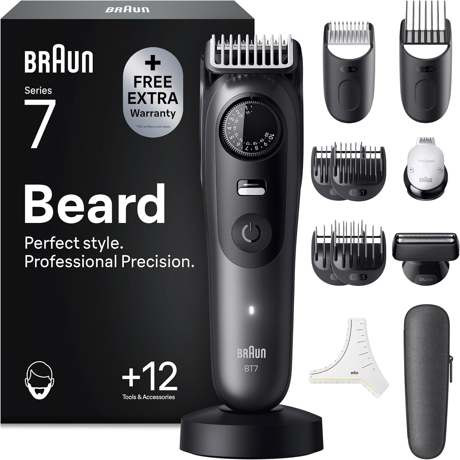 Braun Barttrimmer Series 7, Kabelloser Bartschneider Herren, BT7545, Grau Bart Rasierer mit 40 Längen, Trimmer mit 120 Min. Akku, Wasserdicht, Inkl. 12 Zubehörteilen Und Ultrascharfe Klinge