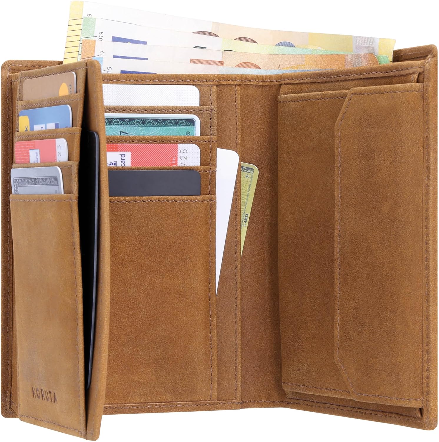 KORUTALeder Geldbörse Herren mit RFID Schutz I Portemonnaie Groß mit Münzfach I 13 Fächer I Echtleder Geldbeutel für Männer I Brieftasche Wallet Portmonee Braun Vintage