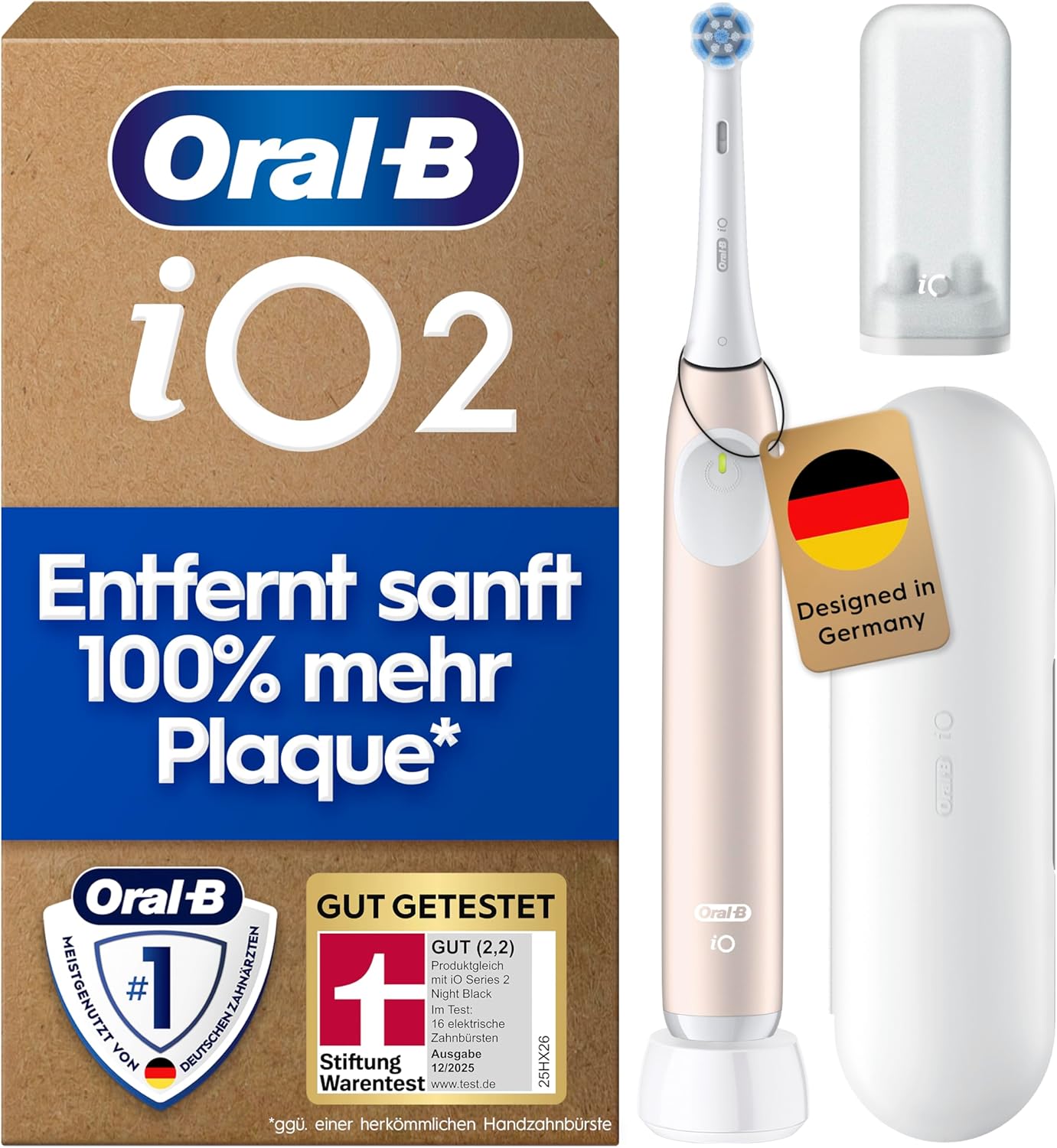 Oral-B iO Series 2 Elektrische Zahnbürste/Electric Toothbrush, 1 Aufsteckbürste, 3 Putzmodi für Zahnpflege, Magnet-Technologie, Reise-Etui, Reise-Aufsteckbürsten-Etui, Designed by Braun, Calm Pink Erwachsene