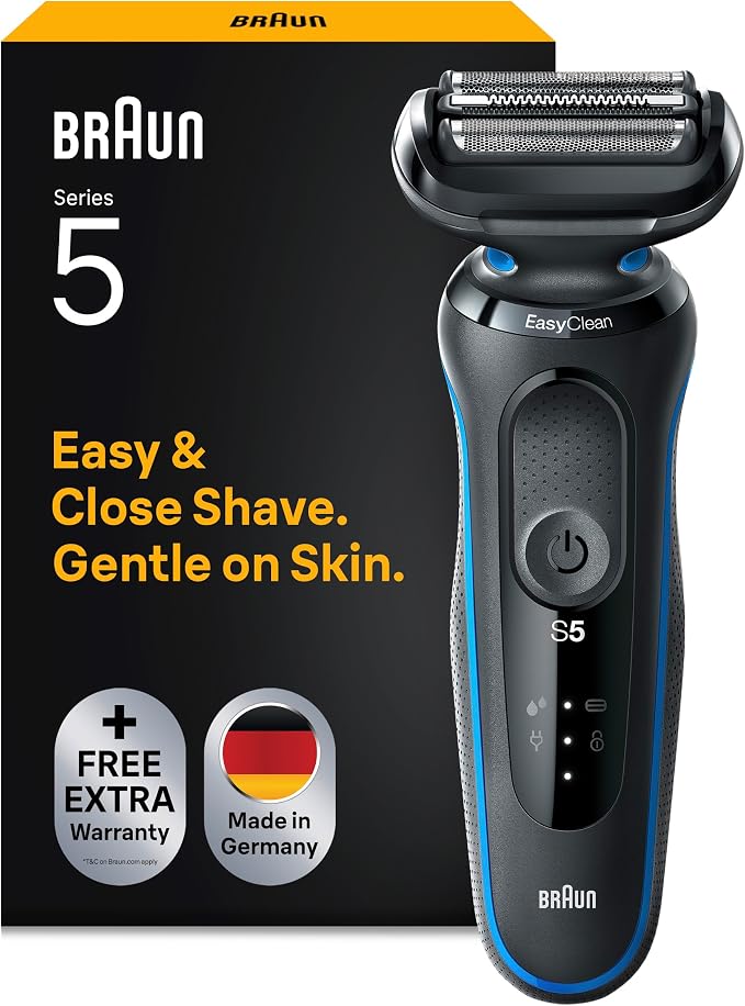 Braun Rasierer Herren Elektrisch Series 5, Rasierapparat, 51-B1000s, Blau Kabelloser Elektrorasierer, Barttrimmer mit 50 Min. Akku, Wasserdicht, Made in Germany, Inkl. 1 Aufsatz