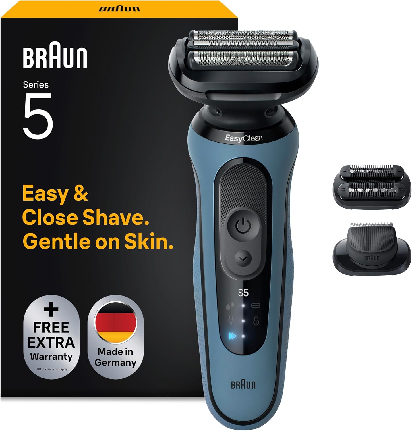 Braun Rasierer Herren Elektrisch Series 5, 52-A1820si, Azurblau Rasierapparat, Kabelloser Elektrorasierer, Barttrimmer mit 50 Min. Akku, Wasserdicht, Made in Germany, Inkl. 2 Aufsätze