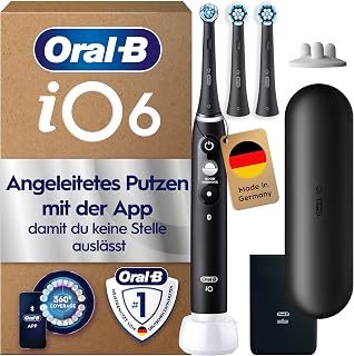 Oral-B iO Series 6 Elektrische Zahnbürste, Schwarz Inkl. 3 Aufsteckbürsten, Reise-Etui, Electric Toothbrush mit 5 Putzmodi für Zahnpflege